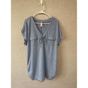 PerSeption Women Blue Lace Up V-Neck Tunic Top Short Sleeve Pockets Size 2X